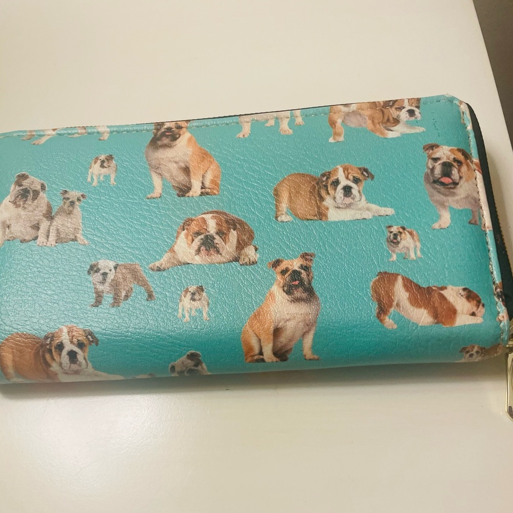 Bulldog Zippered Wallet Aqua with Bulldogs  NEW NO TAGS - Picture 3 of 7